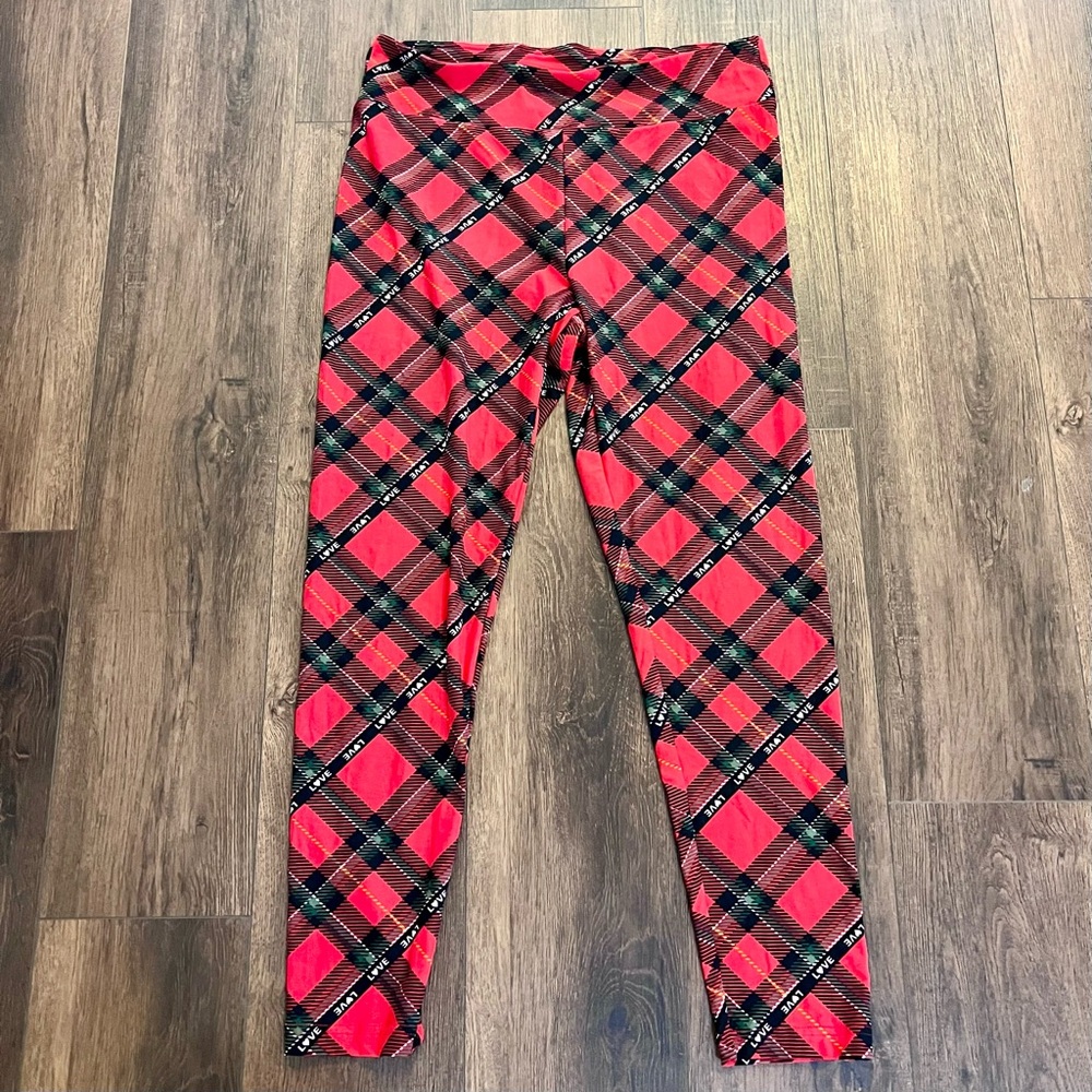 No Boundaries Women’s Super Soft High Rise Leggings Red Plaid Christmas Love XL